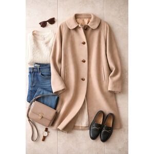 Vintage 100% Cashmere Coat Women's Camel Beige Classic Minimalist‎ Satin Lined M